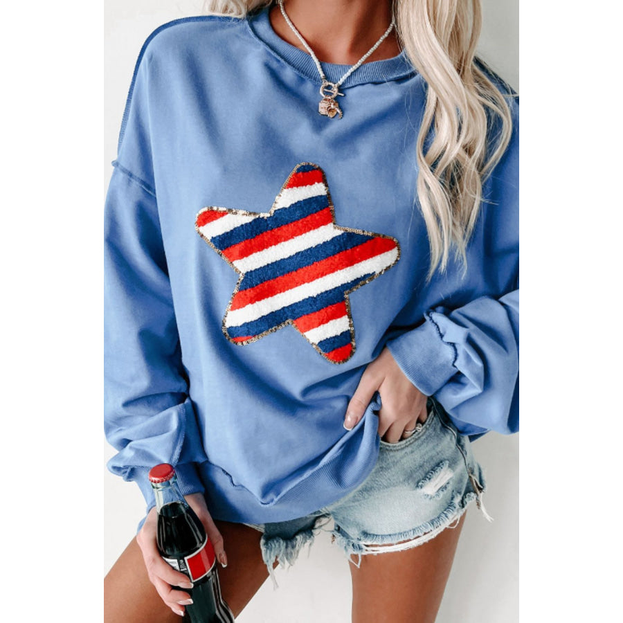 Star Patch Round Neck Long Sleeve Sweatshirt Blue / S Apparel and Accessories