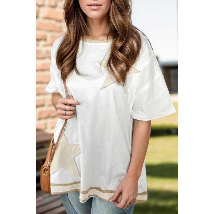 Star Patched Round Neck Half Sleeve T-Shirt White / S Apparel and Accessories