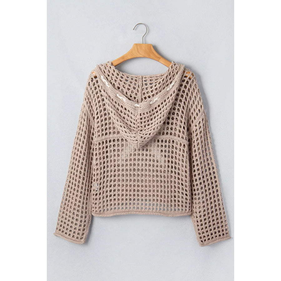 Star Pattern Crochet Hooded Drawstring Knit Cover Up Apparel and Accessories