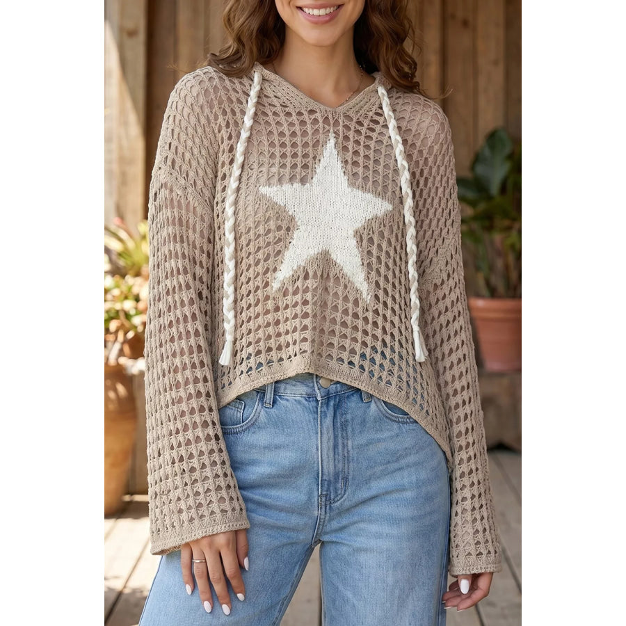 Star Pattern Crochet Hooded Drawstring Knit Cover Up Apparel and Accessories