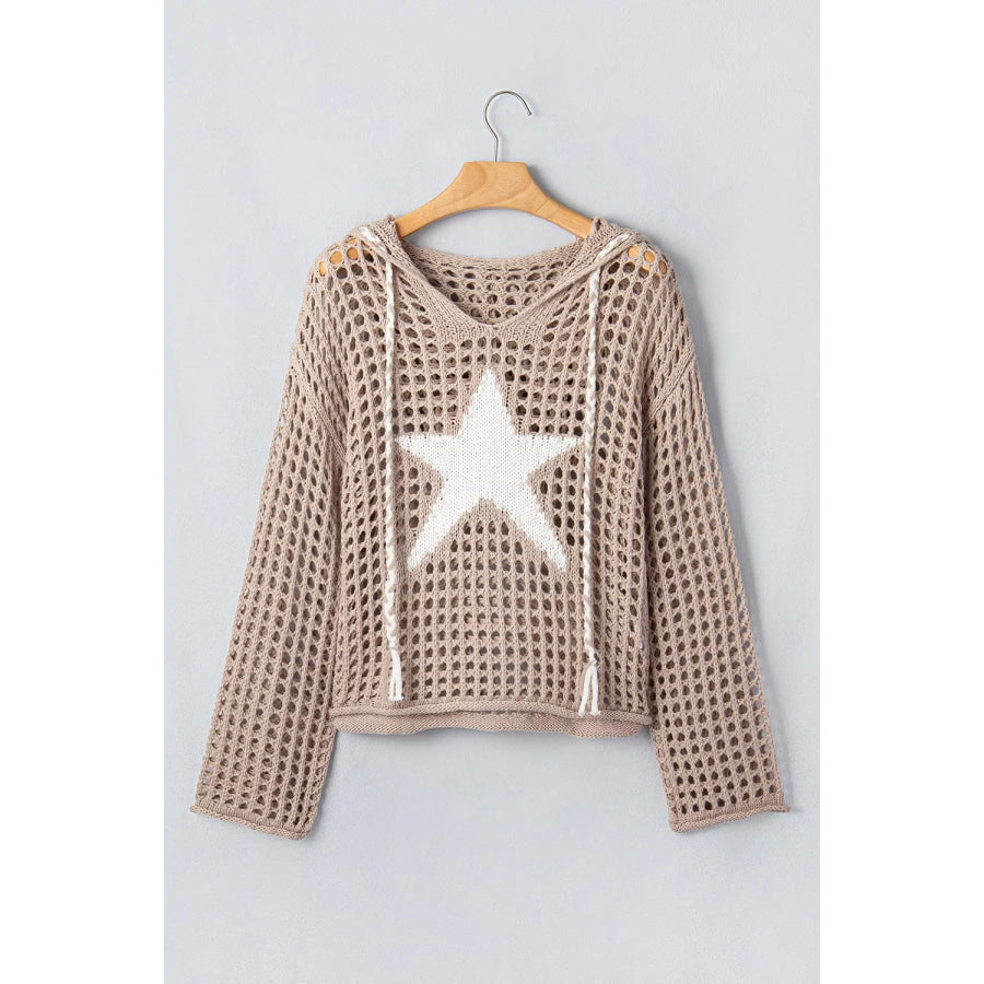 Star Pattern Crochet Hooded Drawstring Knit Cover Up Apparel and Accessories