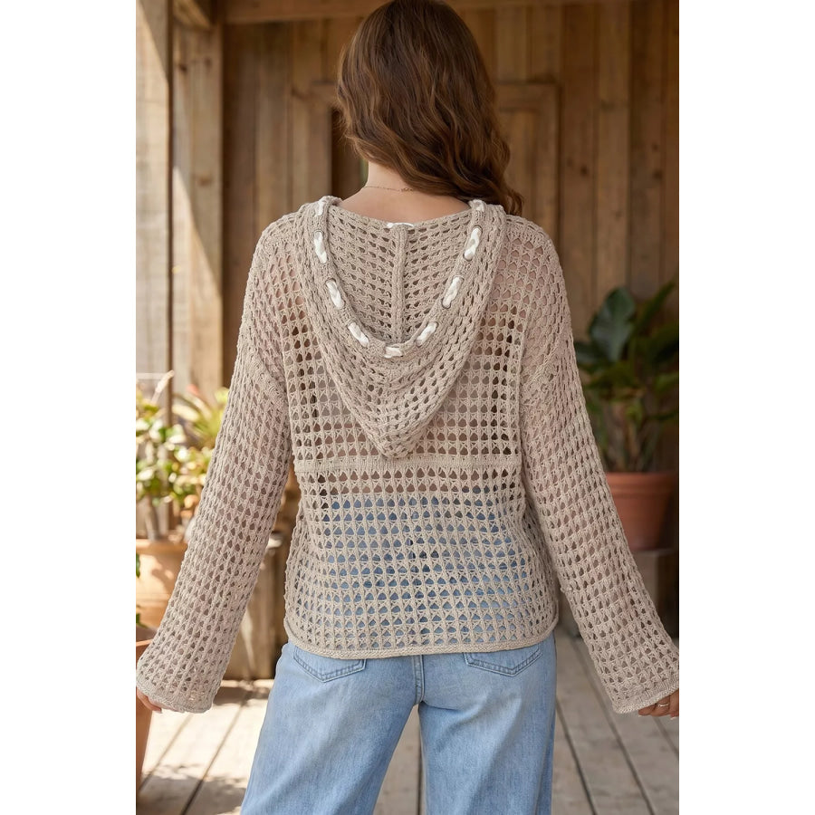 Star Pattern Crochet Hooded Drawstring Knit Cover Up Apparel and Accessories