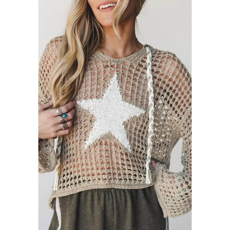 Star Pattern Crochet Hooded Drawstring Knit Cover Up Mocha / S Apparel and Accessories