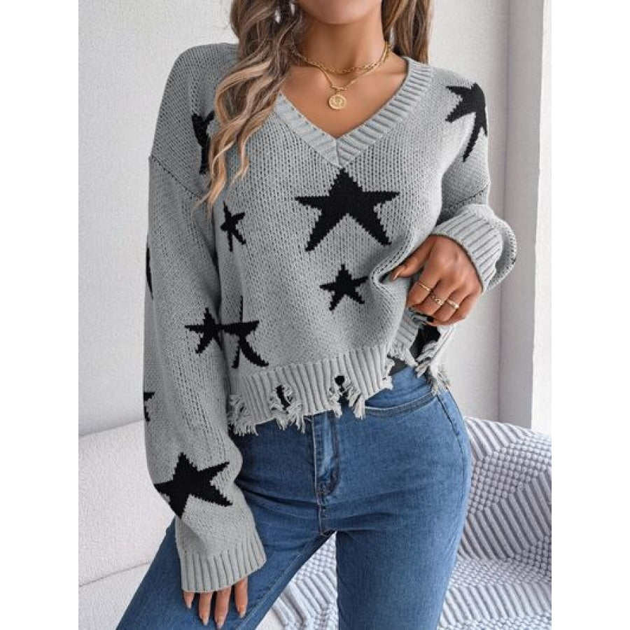 Star Pattern Distressed V-Neck Cropped Sweater Apparel and Accessories