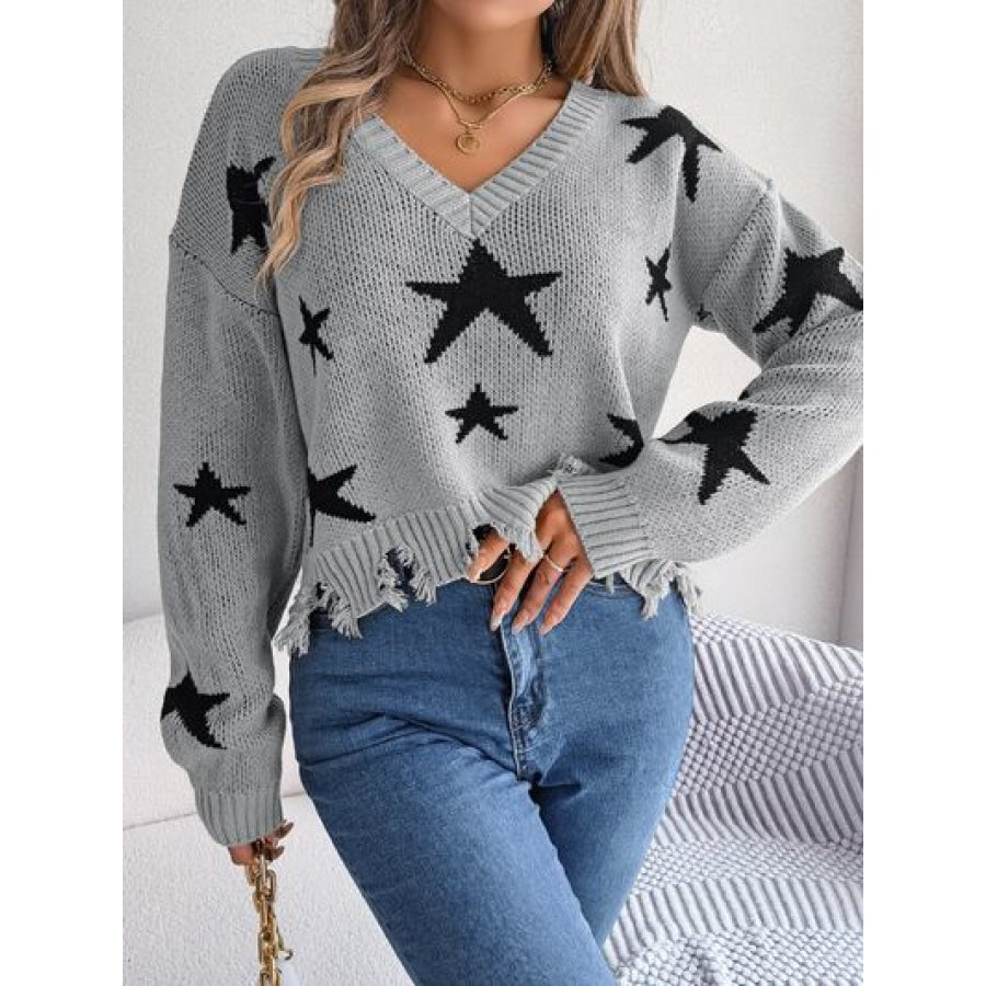 Star Pattern Distressed V-Neck Cropped Sweater Apparel and Accessories