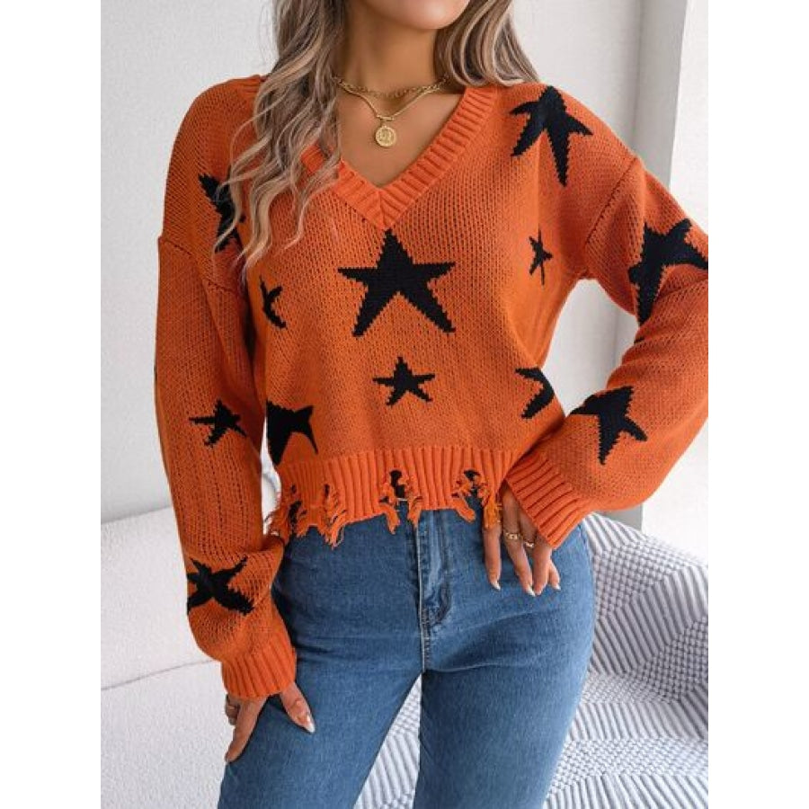 Star Pattern Distressed V-Neck Cropped Sweater Apparel and Accessories