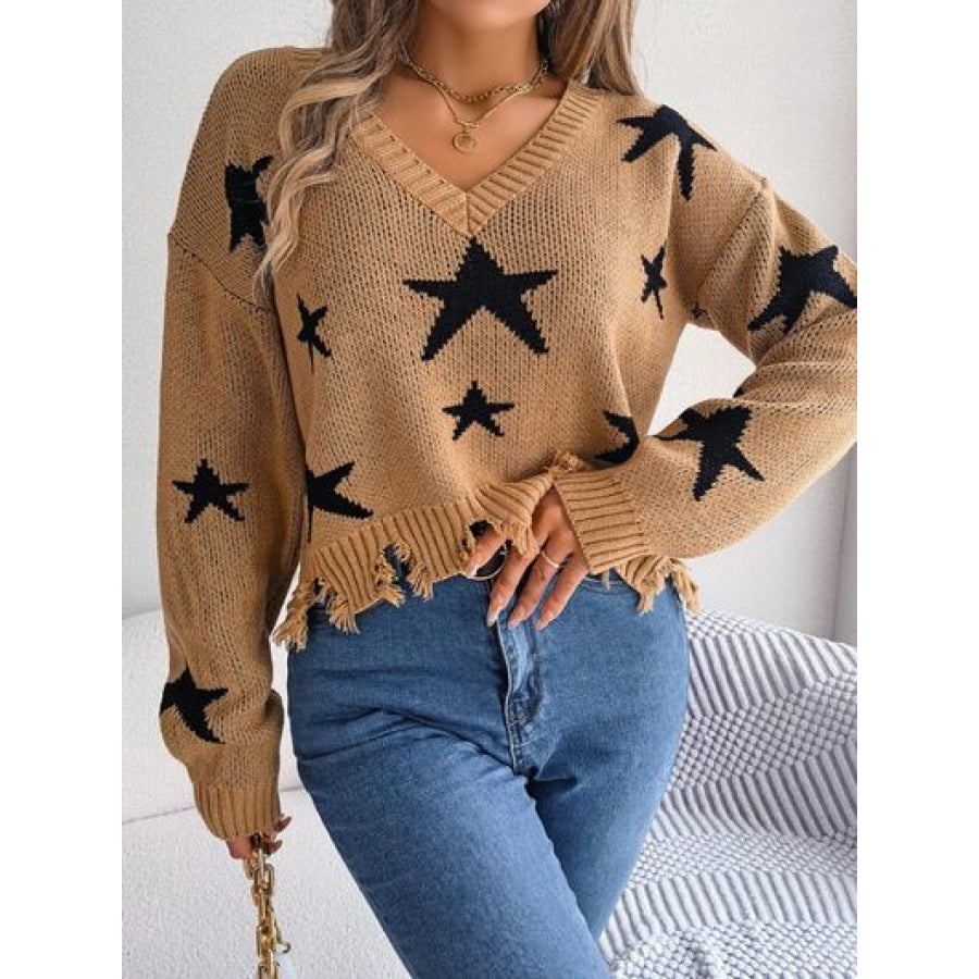 Star Pattern Distressed V-Neck Cropped Sweater Apparel and Accessories