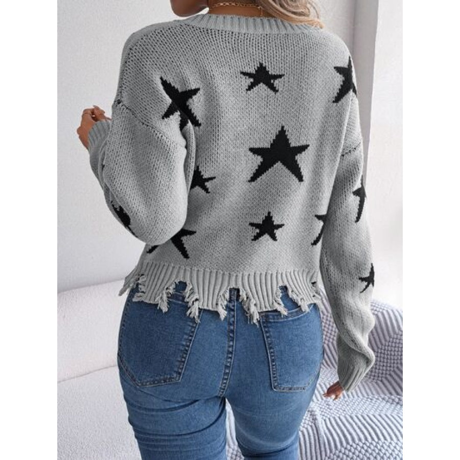 Star Pattern Distressed V-Neck Cropped Sweater Apparel and Accessories