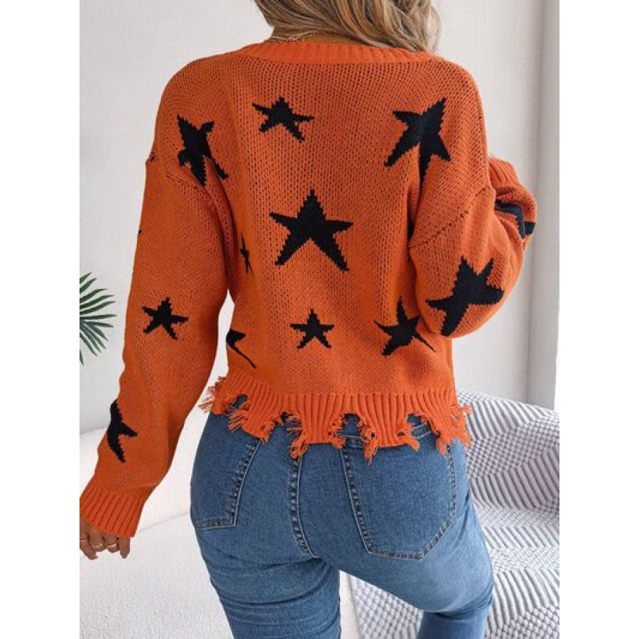 Star Pattern Distressed V-Neck Cropped Sweater Apparel and Accessories