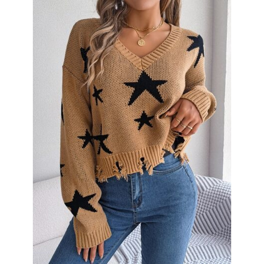 Star Pattern Distressed V-Neck Cropped Sweater Camel / S Apparel and Accessories