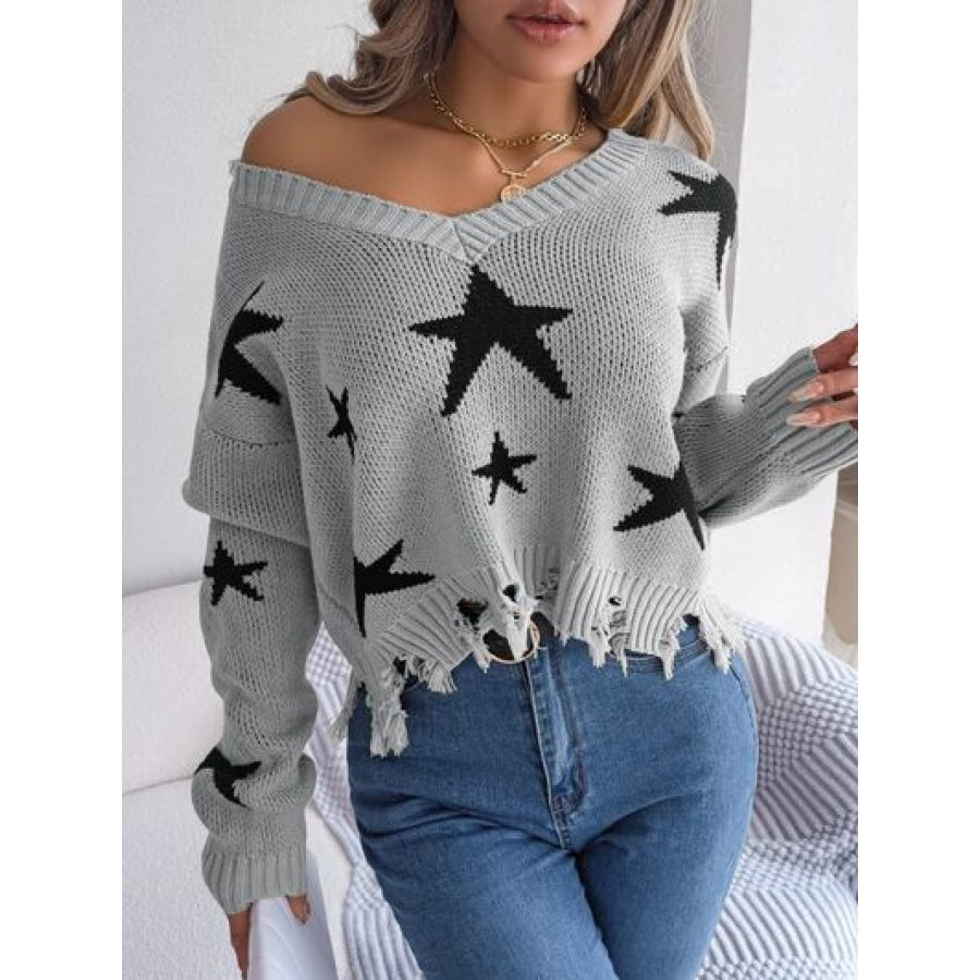 Star Pattern Distressed V-Neck Cropped Sweater Charcoal / S Apparel and Accessories