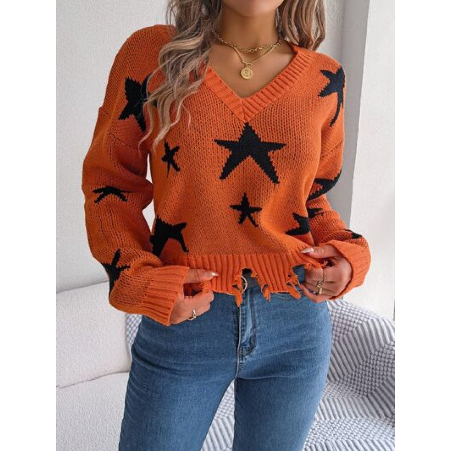 Star Pattern Distressed V-Neck Cropped Sweater Pumpkin / S Apparel and Accessories