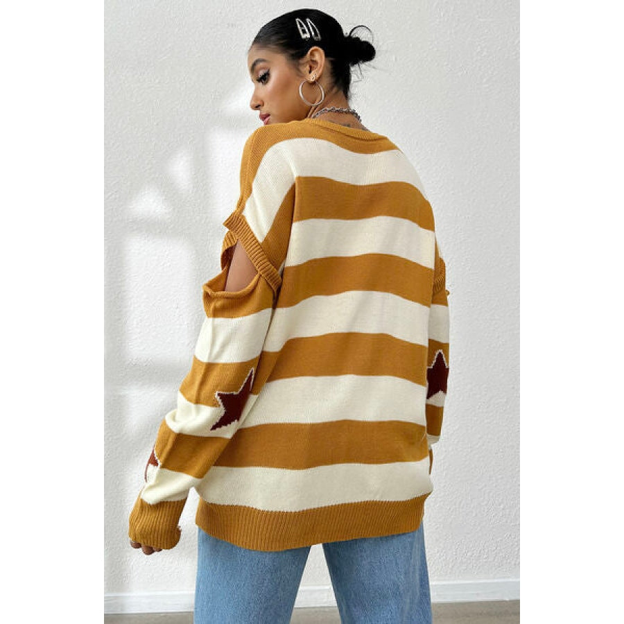 Star Pattern V-Neck Cutout Sweater Honey / S Clothing