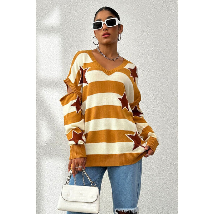 Star Pattern V-Neck Cutout Sweater Honey / S Clothing