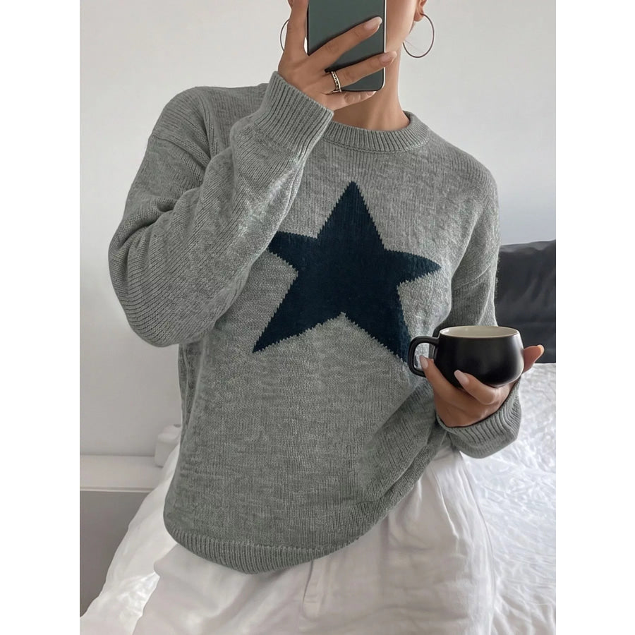 Star-Patterned Dropped Shoulder Sweater Apparel and Accessories