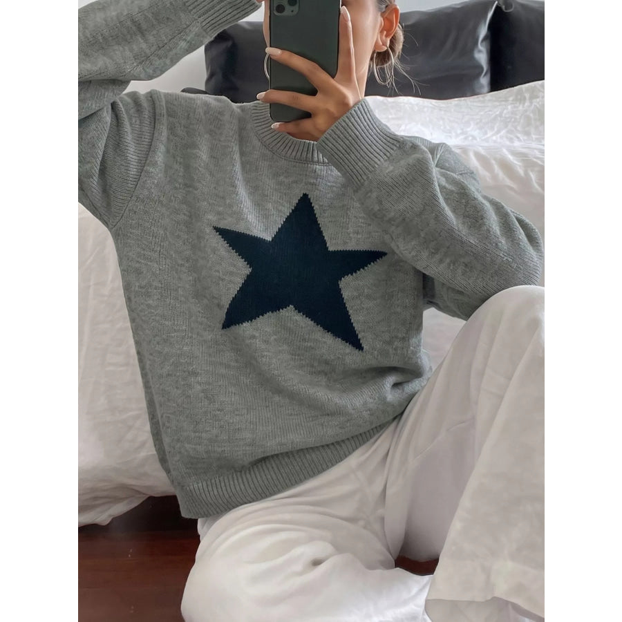 Star-Patterned Dropped Shoulder Sweater Gray / S Apparel and Accessories