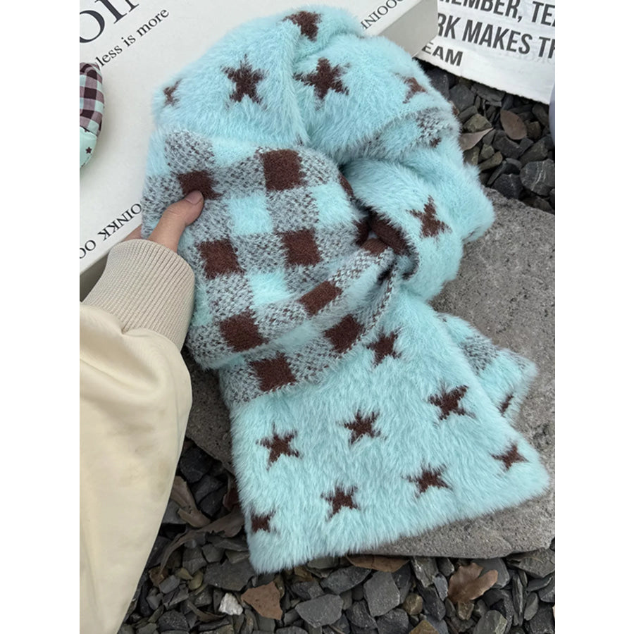 Star Plaid Plush Scarf Mint Blue / ONESIZE Apparel and Accessories