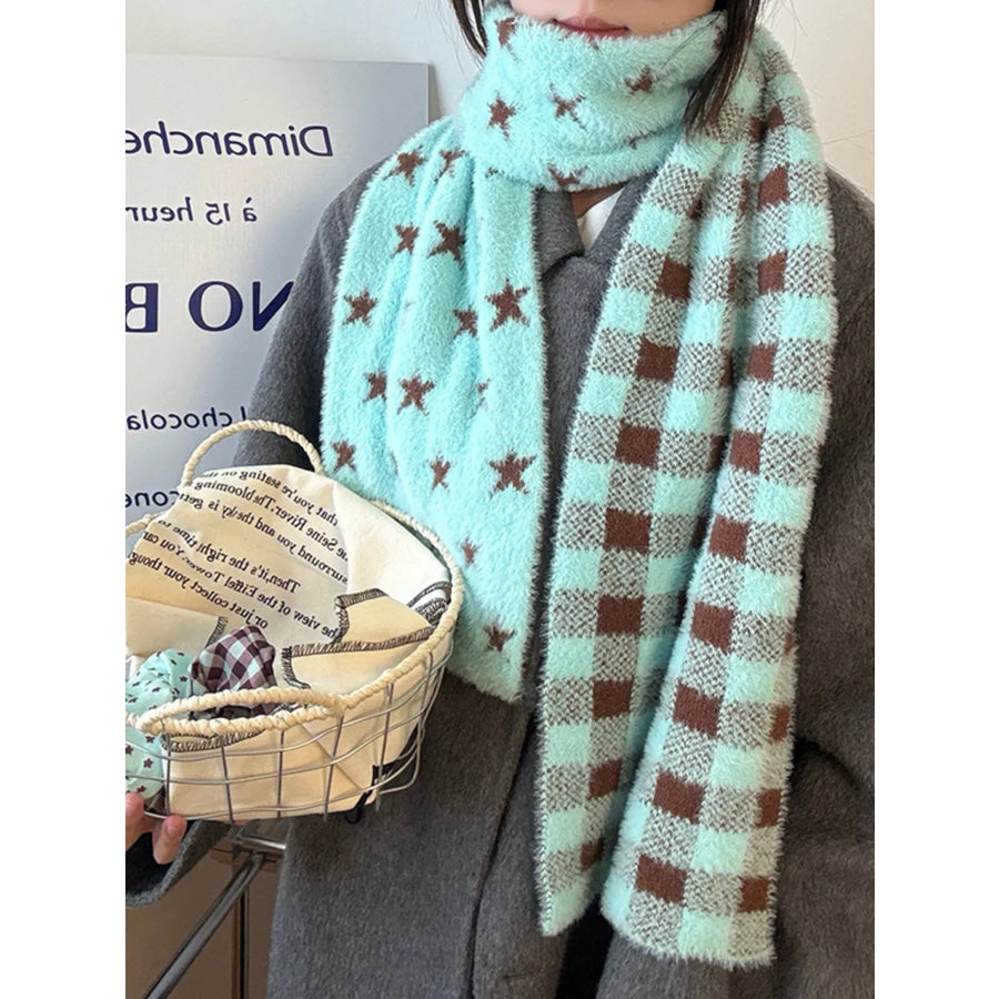 Star Plaid Plush Scarf Mint Blue / ONESIZE Apparel and Accessories