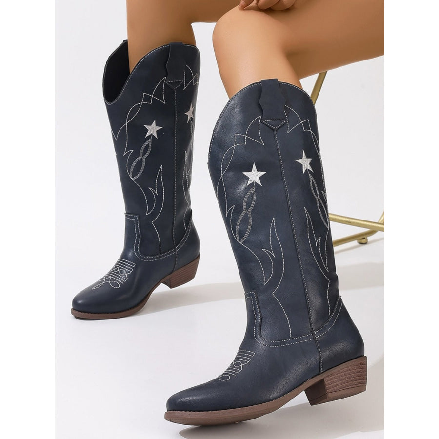 Star Point Toe Block Heel Boots Dark Navy / 36(US5) Apparel and Accessories