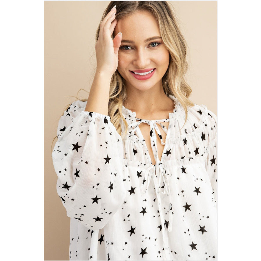 NEW! Star Print Blouse with Tie at Collar Puff Sleeves and Ruffle Detailing Tops