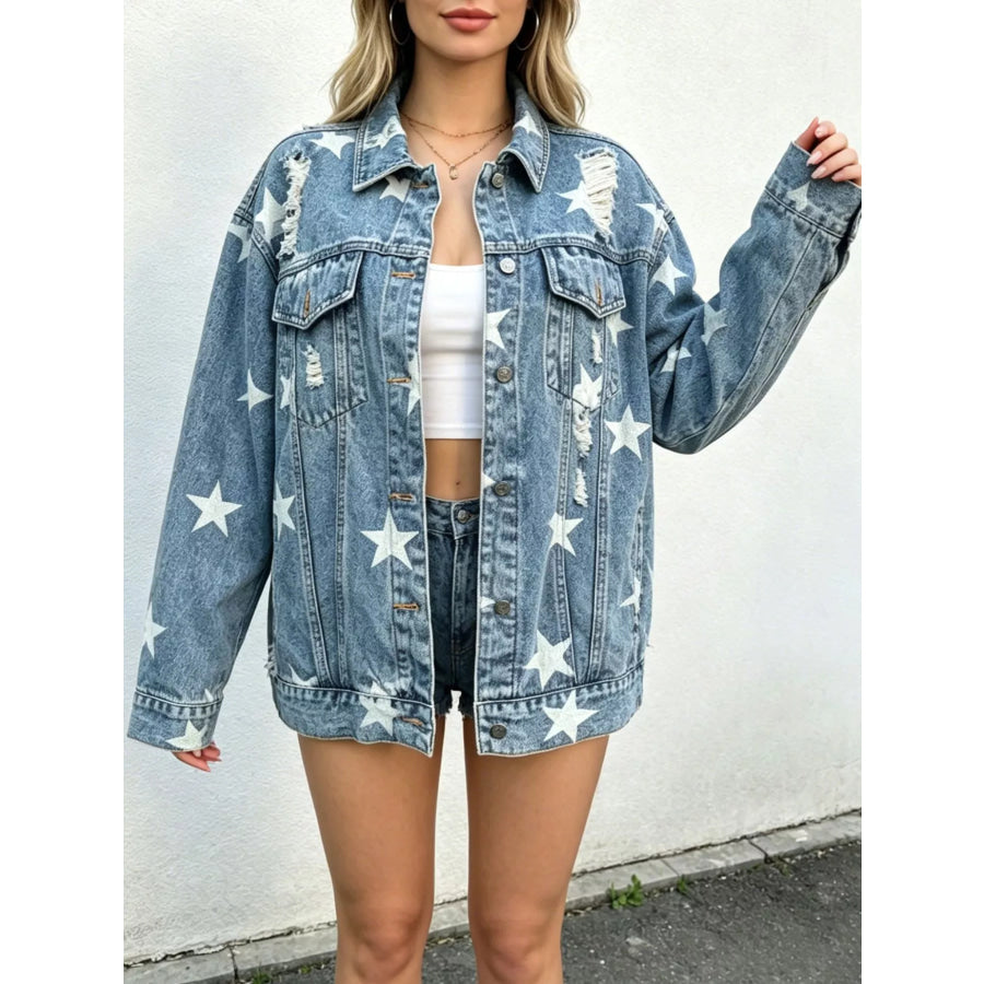 Star Print Distressed Oversized Denim Jacket Apparel and Accessories