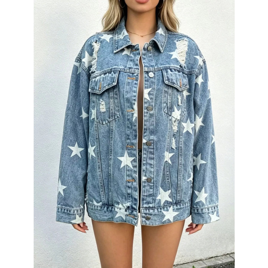 Star Print Distressed Oversized Denim Jacket Apparel and Accessories