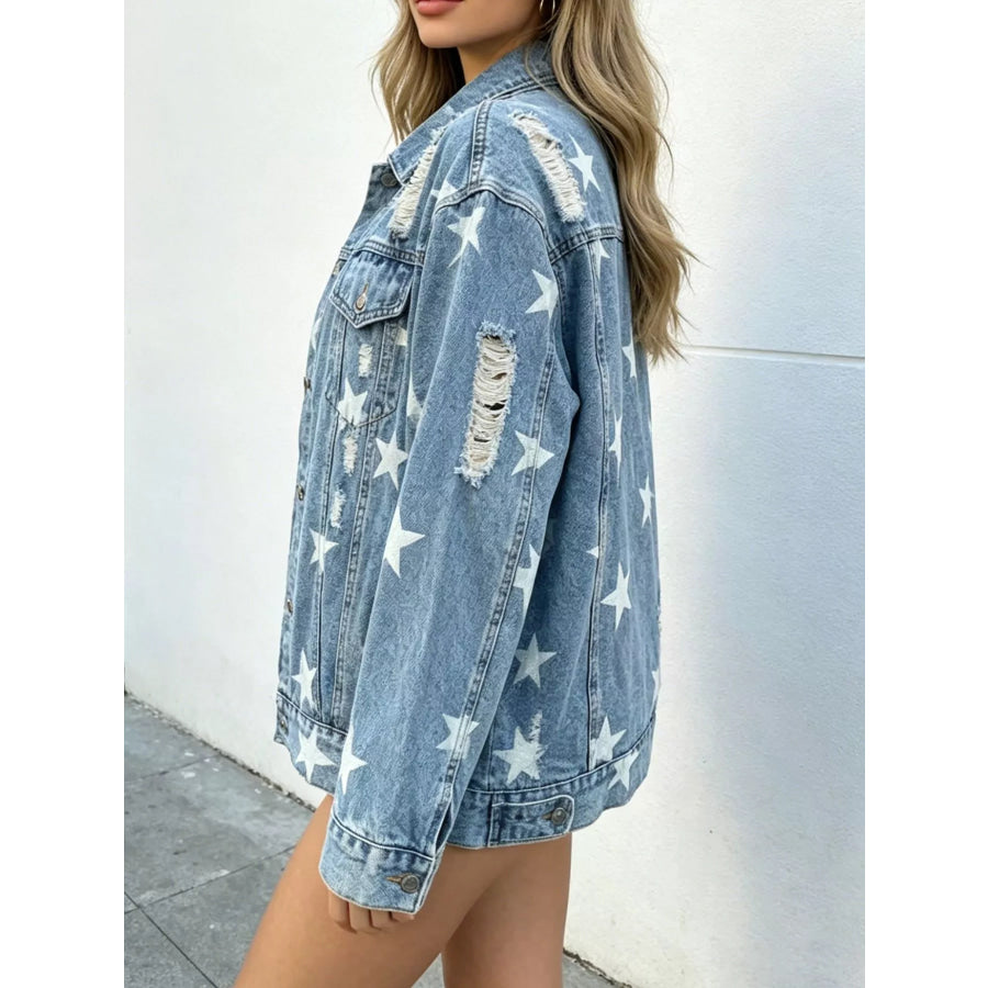 Star Print Distressed Oversized Denim Jacket Apparel and Accessories