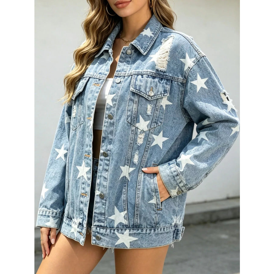 Star Print Distressed Oversized Denim Jacket Light Blue / S Apparel and Accessories