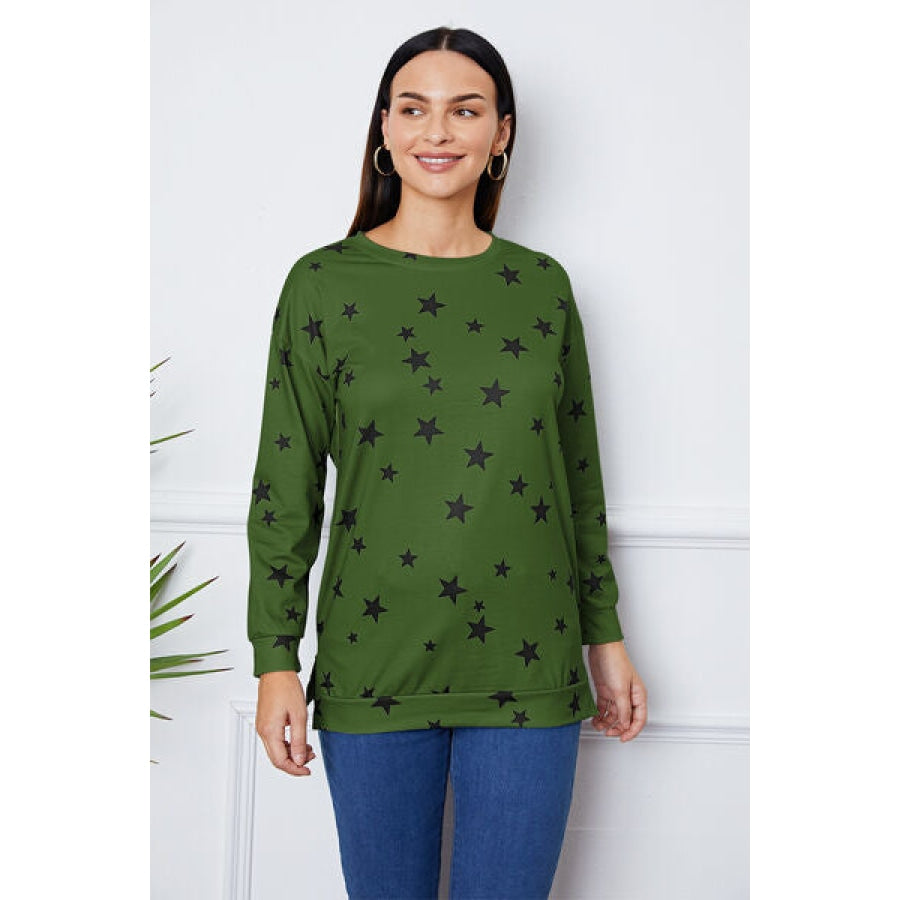 Star Print Round Neck Dropped Shoulder Sweatshirt Army Green / S Clothing