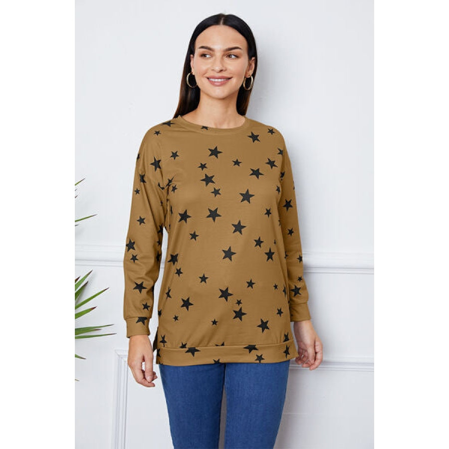 Star Print Round Neck Dropped Shoulder Sweatshirt Chestnut / S Clothing