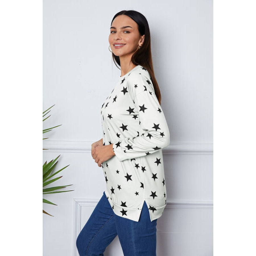 Star Print Round Neck Dropped Shoulder Sweatshirt Clothing