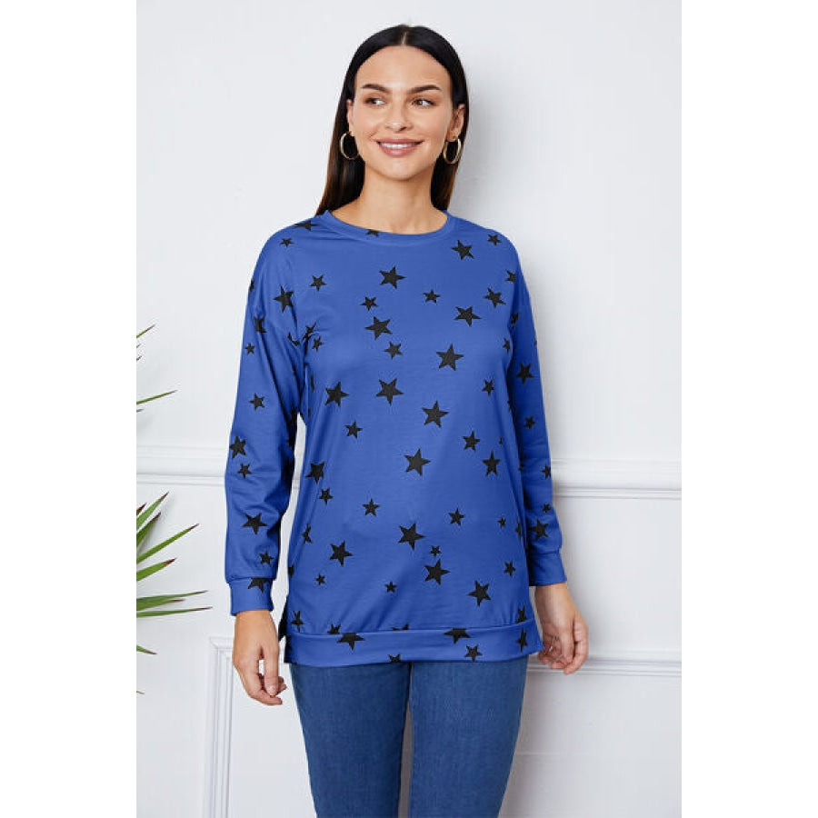 Star Print Round Neck Dropped Shoulder Sweatshirt Peacock Blue / S Clothing