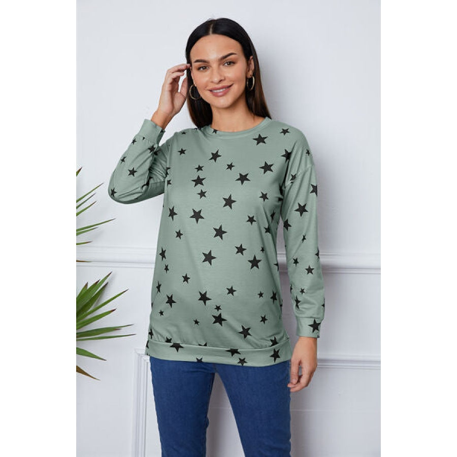 Star Print Round Neck Dropped Shoulder Sweatshirt Sage / S Clothing