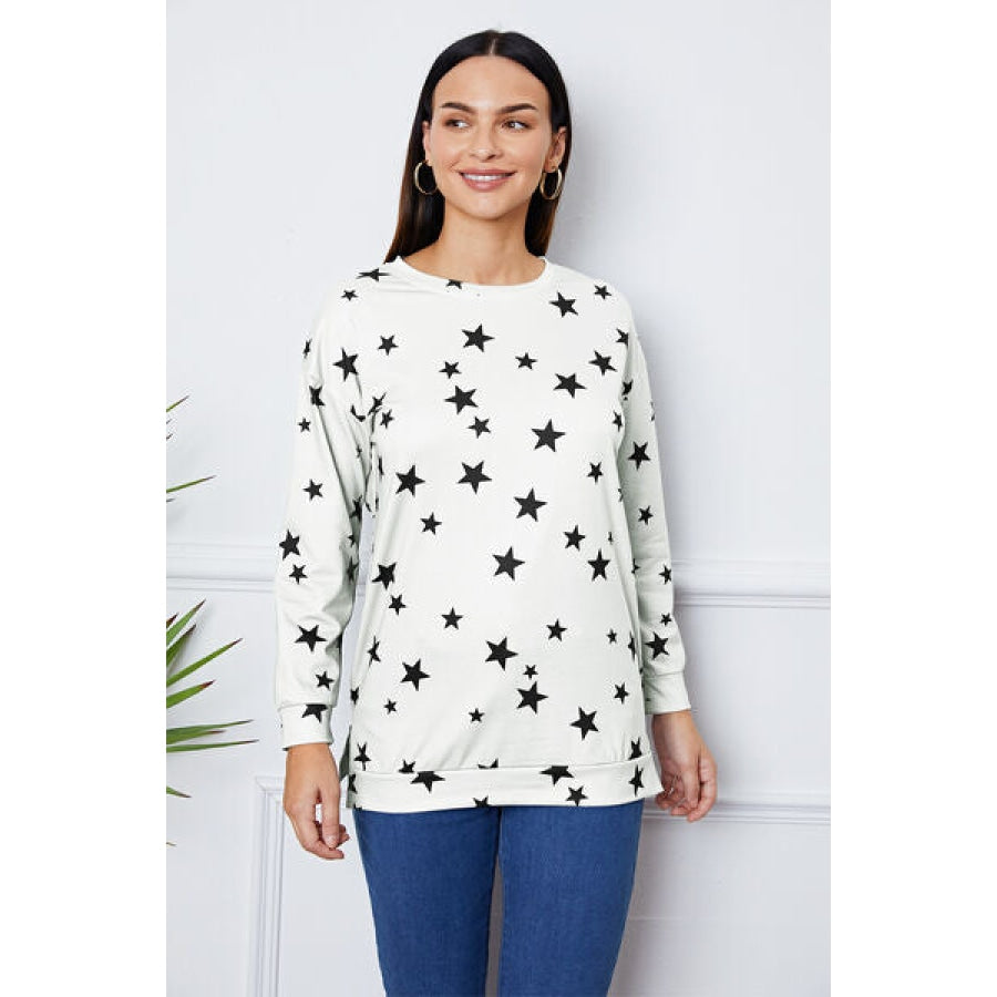 Star Print Round Neck Dropped Shoulder Sweatshirt White / S Clothing