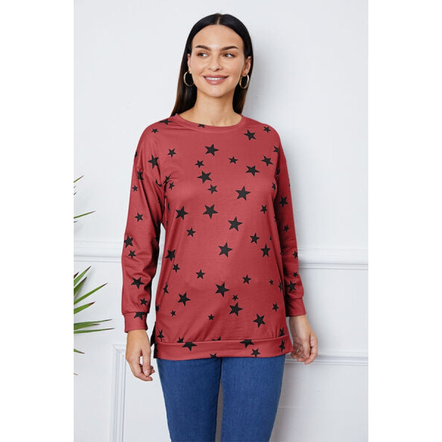 Star Print Round Neck Dropped Shoulder Sweatshirt Wine / S Clothing