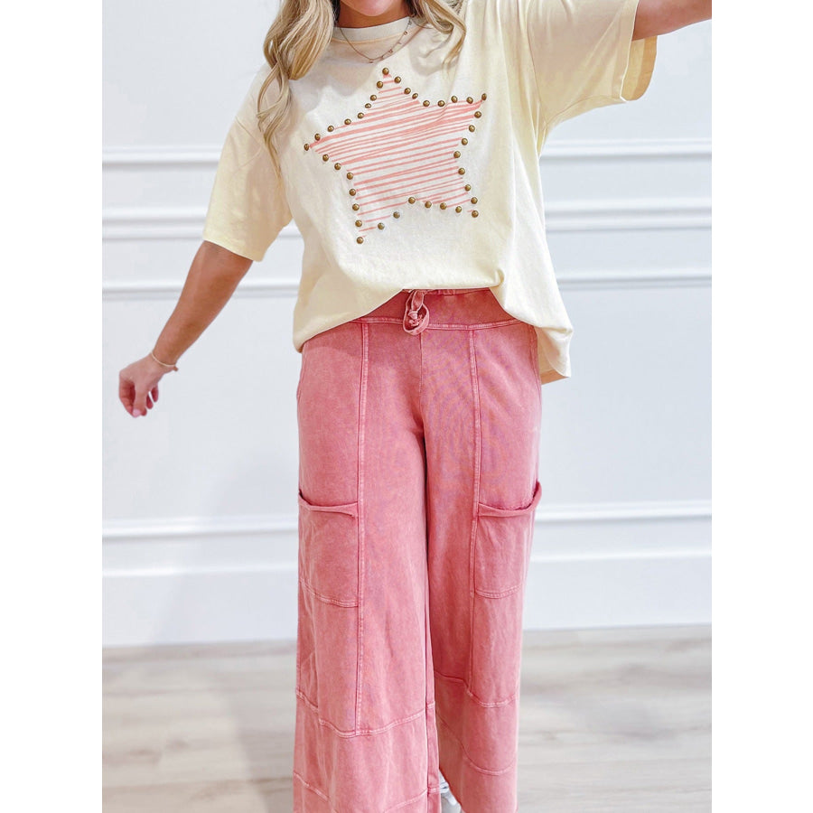 Star Print Stud Detail Cotton Jersey Top Beige / S Apparel and Accessories