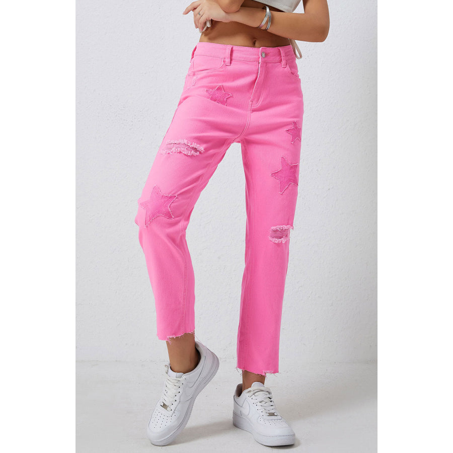 Star Raw Hem Distressed Jeans Pink / 6 Apparel and Accessories