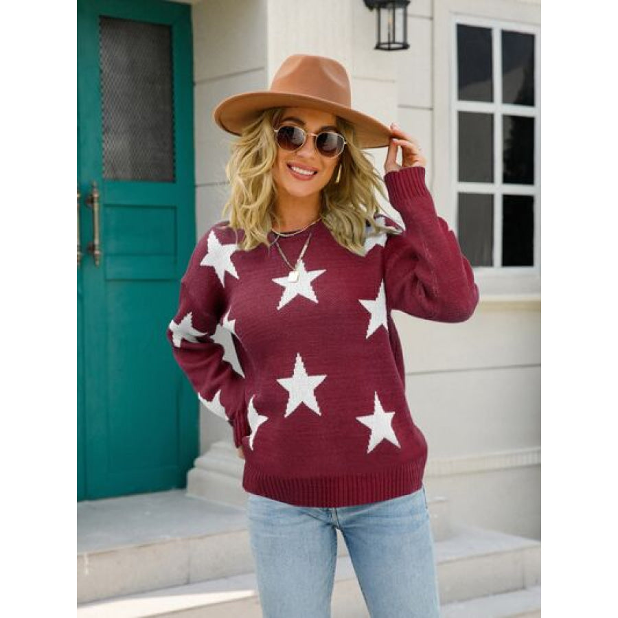 Star Round Neck Dropped Shoulder Sweater Apparel and Accessories