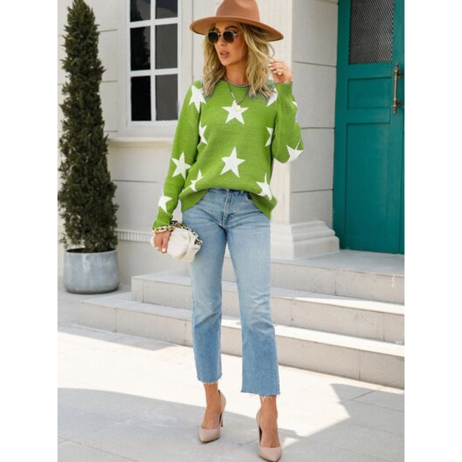 Star Round Neck Dropped Shoulder Sweater Apparel and Accessories