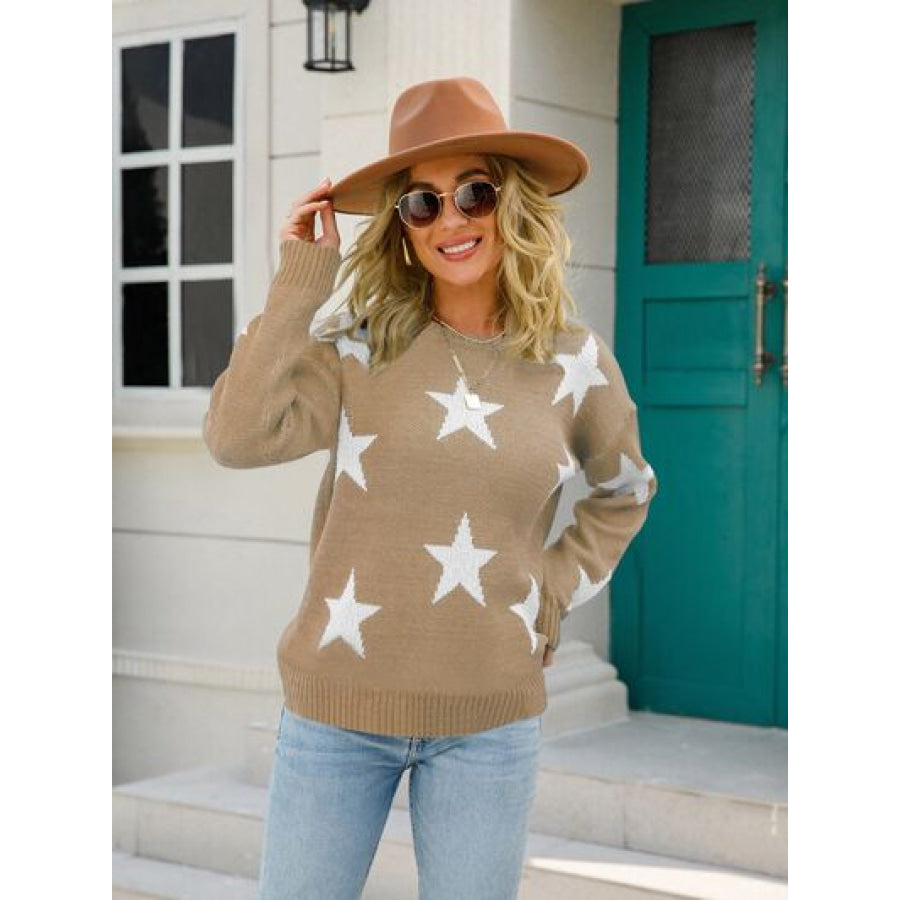 Star Round Neck Dropped Shoulder Sweater Khaki / S Apparel and Accessories