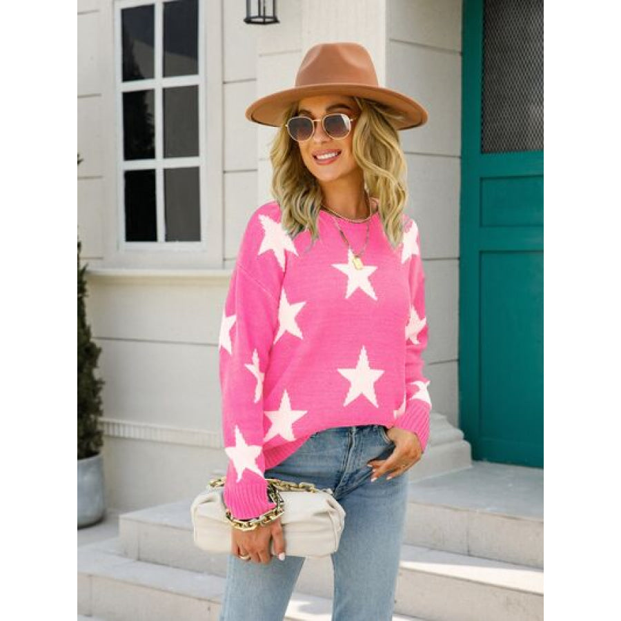 Star Round Neck Dropped Shoulder Sweater Apparel and Accessories