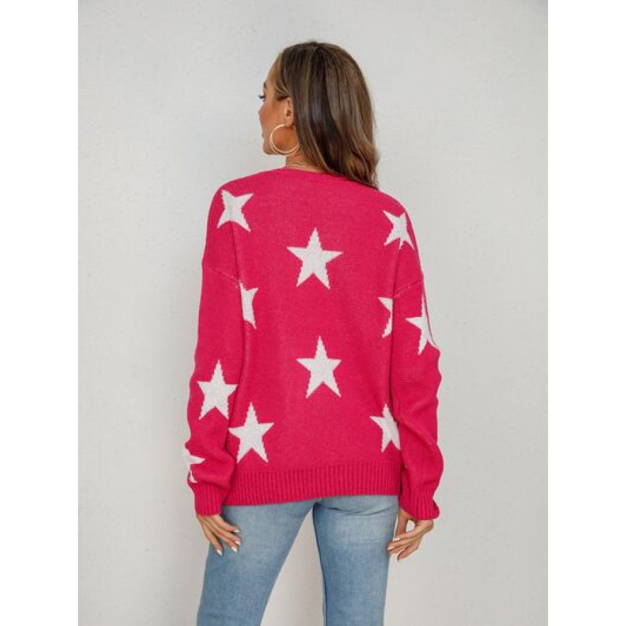 Star Round Neck Dropped Shoulder Sweater Apparel and Accessories