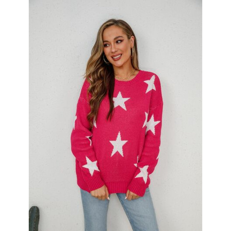 Star Round Neck Dropped Shoulder Sweater Apparel and Accessories