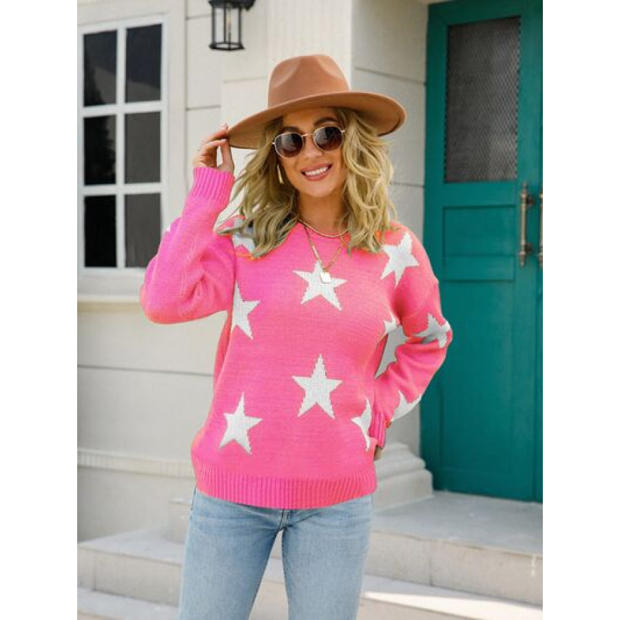 Star Round Neck Dropped Shoulder Sweater Fuchsia Pink / S Apparel and Accessories