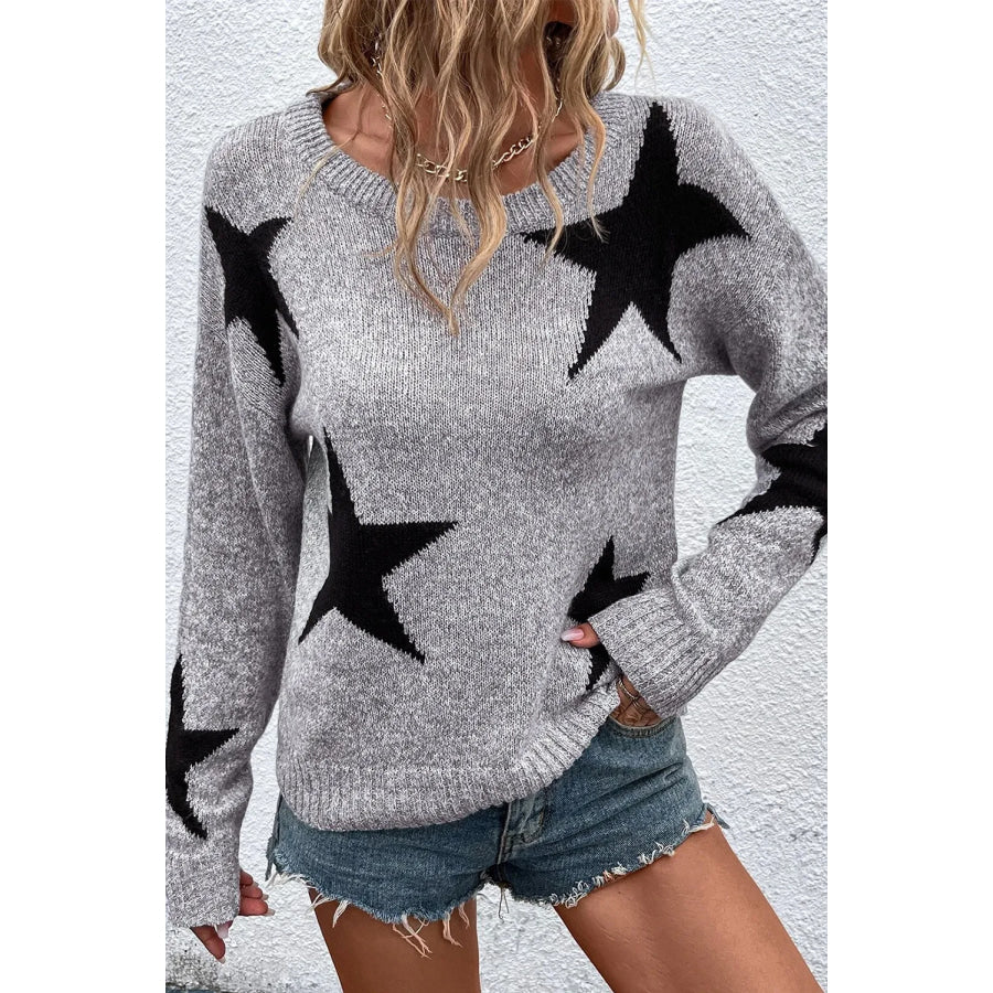 Star Round Neck Dropped Shoulder Sweater Gray / L Apparel and Accessories