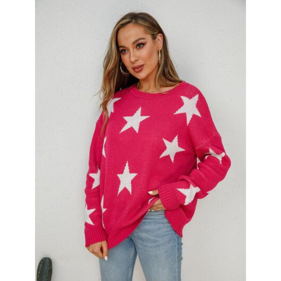 Star Round Neck Dropped Shoulder Sweater Red / S Apparel and Accessories