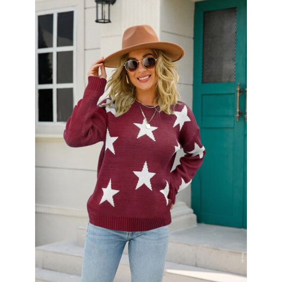 Star Round Neck Dropped Shoulder Sweater Wine / S Apparel and Accessories