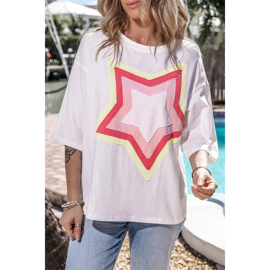 Star Round Neck Dropped Shoulder T - Shirt Apparel and Accessories