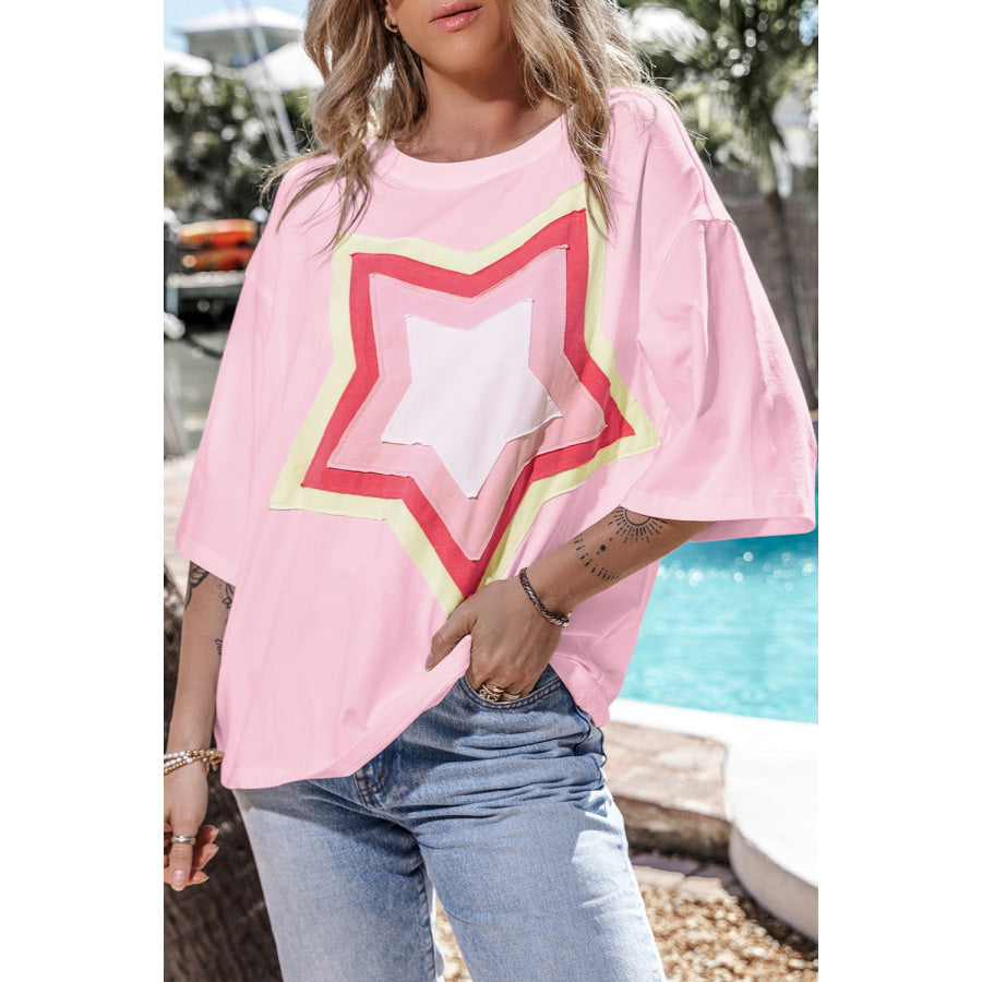 Star Round Neck Dropped Shoulder T - Shirt Apparel and Accessories