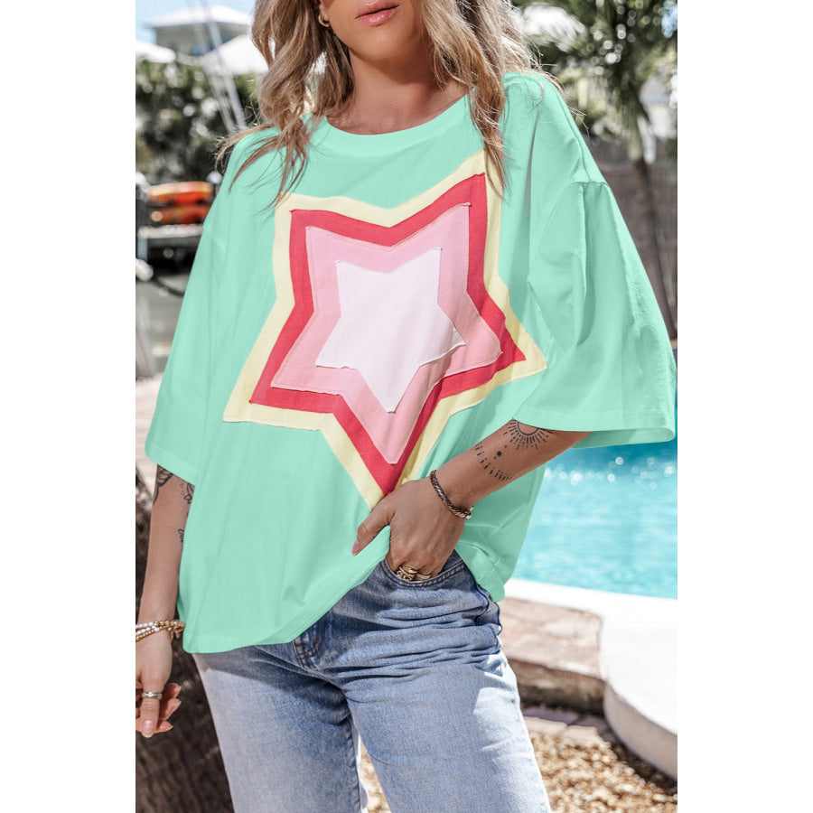 Star Round Neck Dropped Shoulder T - Shirt Apparel and Accessories